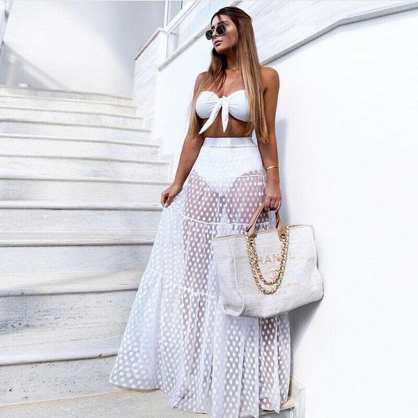 women 2021 fashion lace polka dot skirt summer transparent long elastic high waist a-line casual female skirts women's swimwear, White;black
women 2021 fashion lace polka dot skirt summer transparent long elastic high waist a-line casual female skirts women's swimwear, White;black