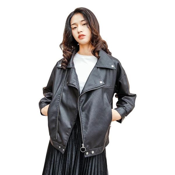 women's leather & faux casual loose women short jacket fashion turn-down collar bomber pu jackets and coats solid streetwear, Black
women's leather & faux casual loose women short jacket fashion turn-down collar bomber pu jackets and coats solid streetwear, Black