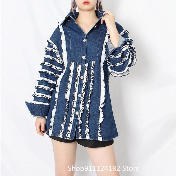 women's jackets european and american autumn fashion lapel heavy wood ears denim stitching contrast color lantern sleeve mid-length jac, Black;brown
women's jackets european and american autumn fashion lapel heavy wood ears denim stitching contrast color lantern sleeve mid-length jac, Black;brown