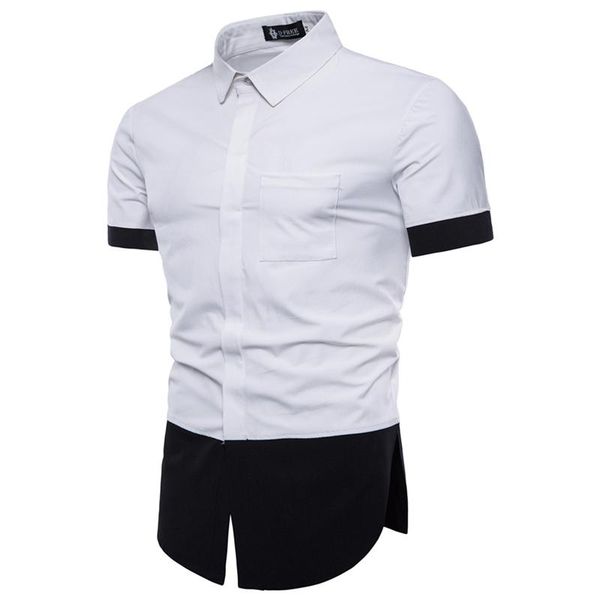 spring-summer personality color panel short sleeve men's shirt lapel single-breasted slit-short-sleeve casual shirts, White;black
spring-summer personality color panel short sleeve men's shirt lapel single-breasted slit-short-sleeve casual shirts, White;black