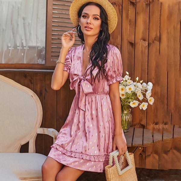 european and american women's clothes 2021 summer new fresh v-neck bow short sleeve pink dress, White
european and american women's clothes 2021 summer new fresh v-neck bow short sleeve pink dress, White