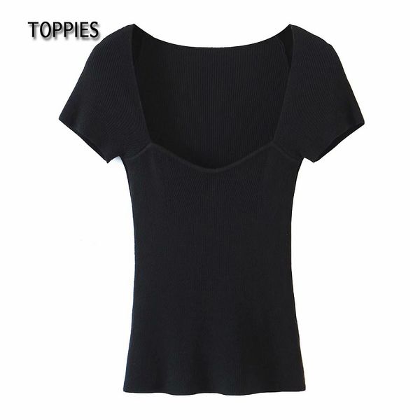 ies square collar slim t-shirts womne knitted female black white tees short sleeve 210412
ies square collar slim t-shirts womne knitted female black white tees short sleeve 210412
