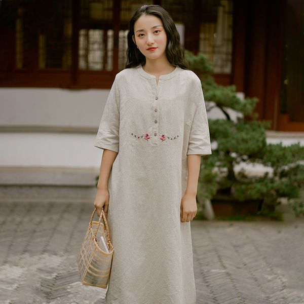 johnature women embroidery floral shirt dresses linen summer robes half sleeve dress vintage loose chinese style dress 210521, Black;gray
johnature women embroidery floral shirt dresses linen summer robes half sleeve dress vintage loose chinese style dress 210521, Black;gray