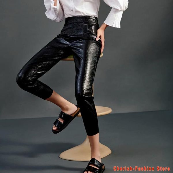 women autumn faux leather snake pants high waist black color 2021 office ladies pu trousers elegant brand women's & capris, Black;white
women autumn faux leather snake pants high waist black color 2021 office ladies pu trousers elegant brand women's & capris, Black;white