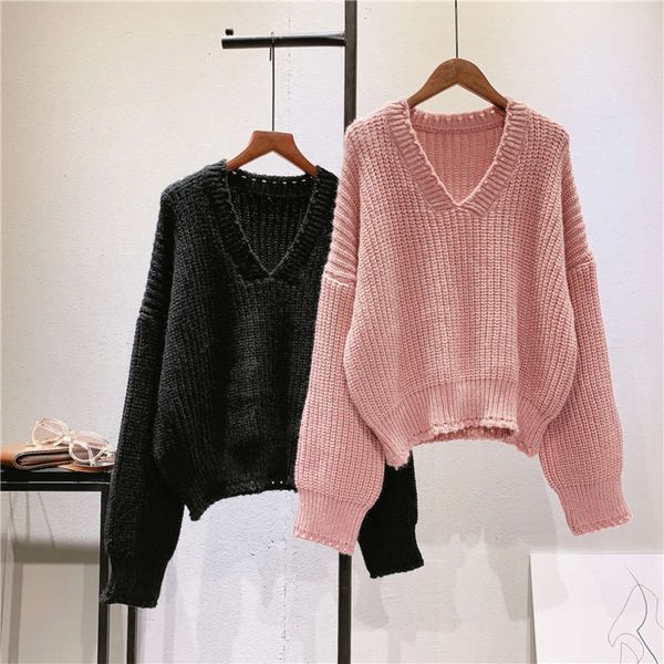wind thick needle v-neck sweater loose and thin sweater tide, White;black