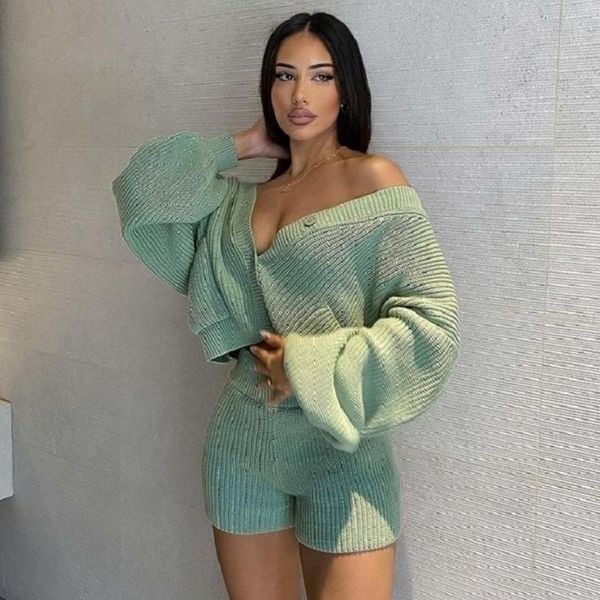 women's tracksuits fall winter knitted suit long sleeve buttons up sweater jumper+elastic high biker shorts off shoulder comfortable se, Gray
women's tracksuits fall winter knitted suit long sleeve buttons up sweater jumper+elastic high biker shorts off shoulder comfortable se, Gray