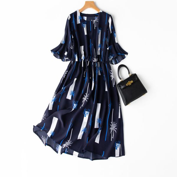 dress women's 100% pure silk crepe round neck ruffles sleeve long dress navy blue print belted waist mm051, Black;gray
dress women's 100% pure silk crepe round neck ruffles sleeve long dress navy blue print belted waist mm051, Black;gray