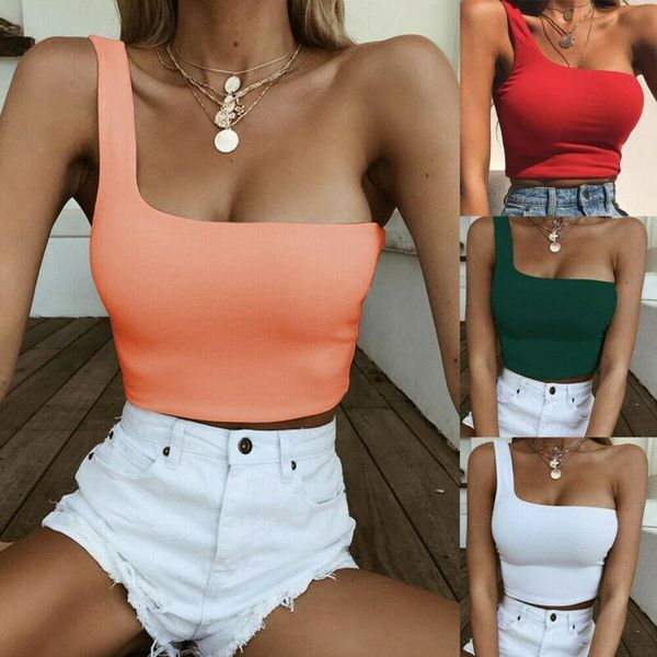 women tanks cool single one shoulder tank vest bare midriff sleeveless t shirt summer beach crop top, White 
women tanks cool single one shoulder tank vest bare midriff sleeveless t shirt summer beach crop top, White