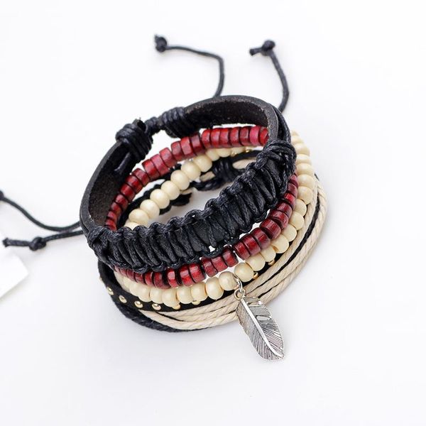 charm bracelets 4pcs/set punk black cord knots leather leaf rivet red beige wooden bead stacked layers wide bangle for man, Golden;silver
charm bracelets 4pcs/set punk black cord knots leather leaf rivet red beige wooden bead stacked layers wide bangle for man, Golden;silver