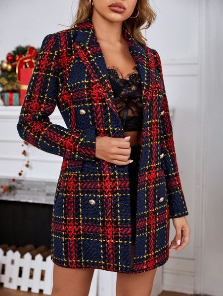 double breasted plaid tweed overcoat v8hf#, Black
double breasted plaid tweed overcoat v8hf#, Black