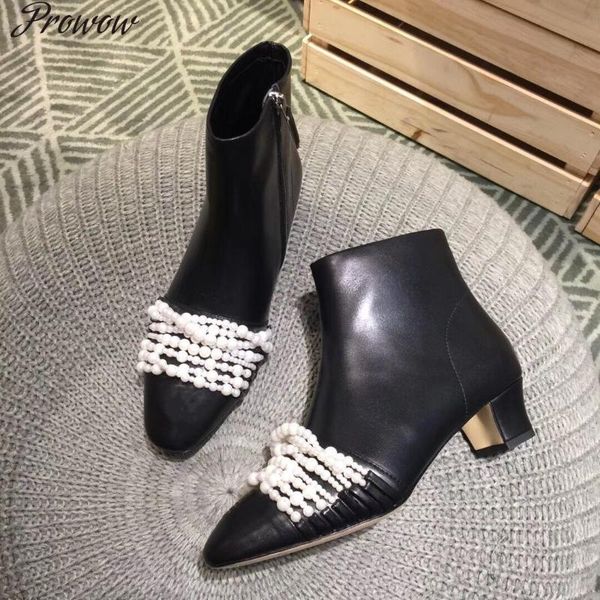 boots prowow women shoes winter genuine leather ankle pearls chain heels designer sewing zipper round toe, Black
boots prowow women shoes winter genuine leather ankle pearls chain heels designer sewing zipper round toe, Black