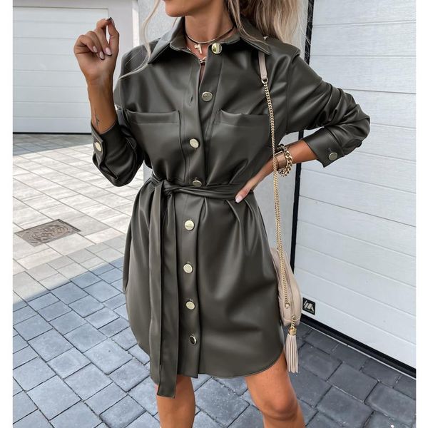 casual dresses fashion long sleeve bandage button autumn loose dress women solid color pu leather short black/grey/army green, Black;gray
casual dresses fashion long sleeve bandage button autumn loose dress women solid color pu leather short black/grey/army green, Black;gray