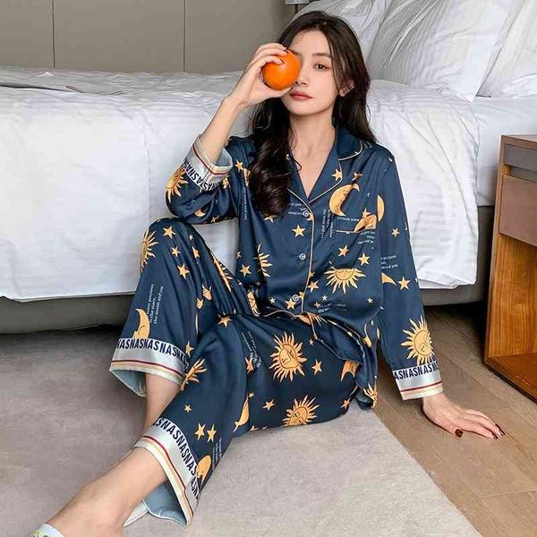 women's sleepwear pajamas female loungewear printed moon sun sleep set long sleeve pyjamas satin lapel loose nightwear 2pcs home s, Black;red
women's sleepwear pajamas female loungewear printed moon sun sleep set long sleeve pyjamas satin lapel loose nightwear 2pcs home s, Black;red