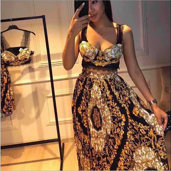 two piece dress lace strap pattern print sport bra pleated long skirt fashion suit women clothing, White
two piece dress lace strap pattern print sport bra pleated long skirt fashion suit women clothing, White