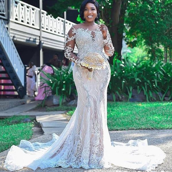 african lace mermaid wedding dresses long sleeves jewel neck sweep train appliqued plus size country bridal gowns, White
african lace mermaid wedding dresses long sleeves jewel neck sweep train appliqued plus size country bridal gowns, White