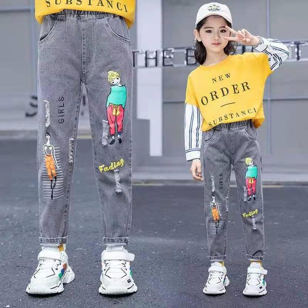 style grils jeans pants spring autumn korean children's graffiti washed long elastic waist casual loose deim, Blue