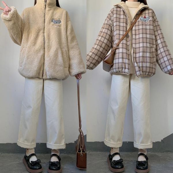 women's jackets cartoon embroidery lamb wool coat cute women thicken plaid jacket small fresh soft sister loose long sleeve outer wear, Black;brown
women's jackets cartoon embroidery lamb wool coat cute women thicken plaid jacket small fresh soft sister loose long sleeve outer wear, Black;brown
