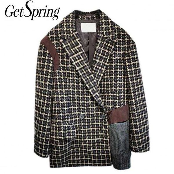 getspring women coat knitting patchwork plaid s jackets color matching plus size vintage casual winter 210601, Black;brown
getspring women coat knitting patchwork plaid s jackets color matching plus size vintage casual winter 210601, Black;brown