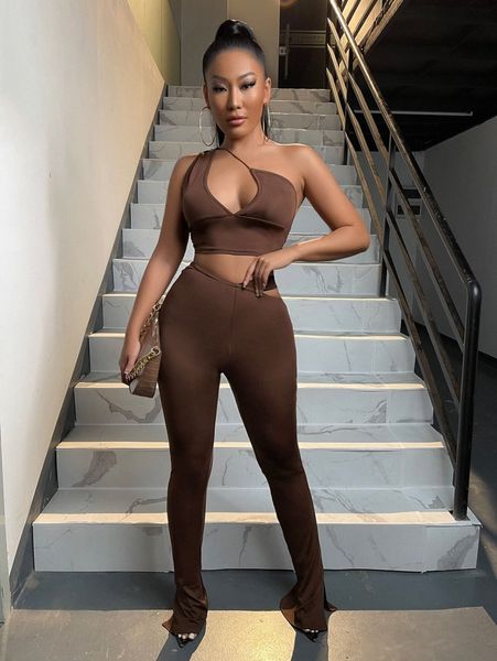 one shoulder crop & cut out split hem pants z2ln#, White
one shoulder crop & cut out split hem pants z2ln#, White