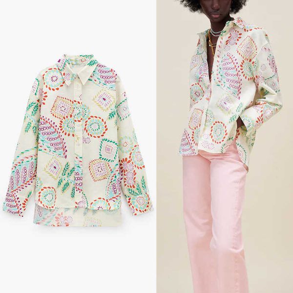 za linen vintage print shirt women long sleeve irregular loose summer blouse chic side vents button up plus size woman 210602, White 
za linen vintage print shirt women long sleeve irregular loose summer blouse chic side vents button up plus size woman 210602, White