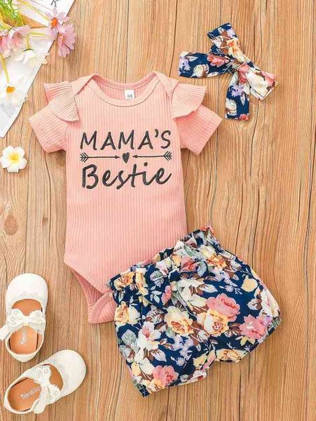 baby letter embroidery ruffle trim bodysuit & floral print shorts with headband she, White
baby letter embroidery ruffle trim bodysuit & floral print shorts with headband she, White