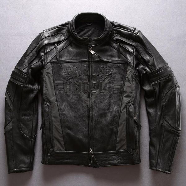 men's leather & faux professional genuine men cowhide motorcycle biker jacket with protective device bag real coat male, Black
men's leather & faux professional genuine men cowhide motorcycle biker jacket with protective device bag real coat male, Black