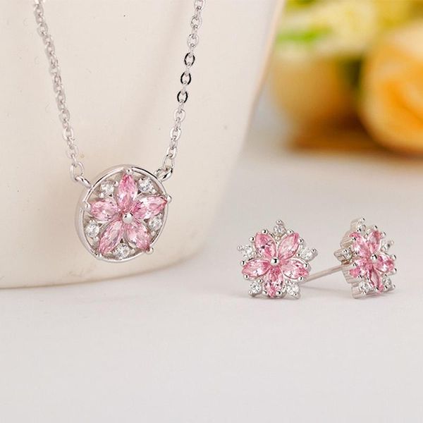 earrings & necklace 3 pcs pink zircon flower set for women girls cupronickel romantic micro fashion jewelry dropship, Silver
earrings & necklace 3 pcs pink zircon flower set for women girls cupronickel romantic micro fashion jewelry dropship, Silver
