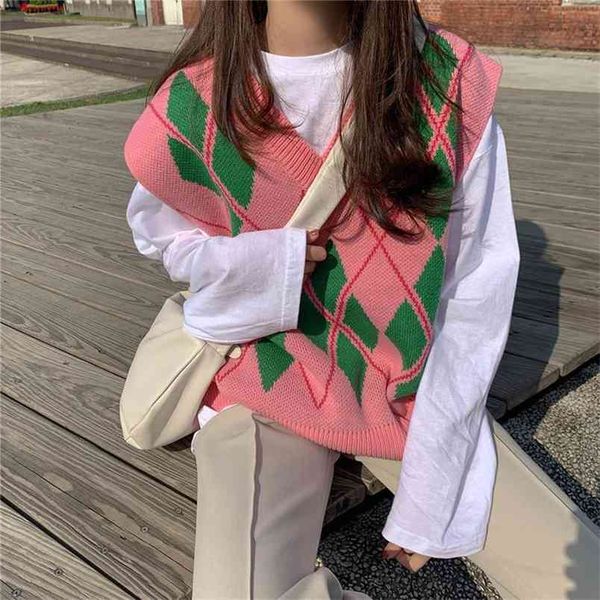 spring and autumn retro check color matching loose vest knitted sweater tide 210427, White;black
spring and autumn retro check color matching loose vest knitted sweater tide 210427, White;black