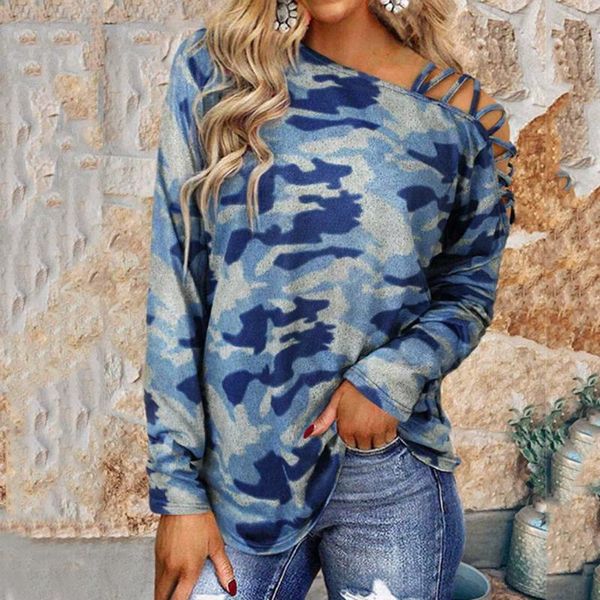 women's t-shirt feitong fashion hollow out long sleeve camouflage print off shoulder strap cross neck military style shirts, White
women's t-shirt feitong fashion hollow out long sleeve camouflage print off shoulder strap cross neck military style shirts, White