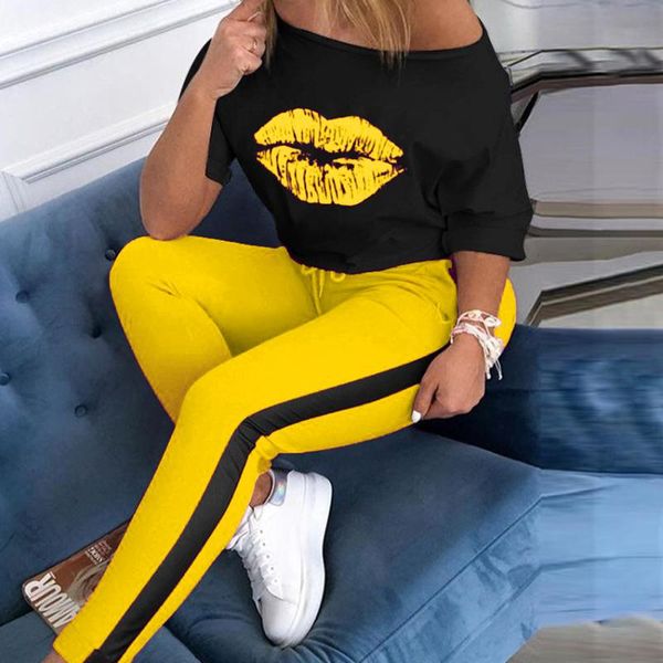 women's tracksuits women casual work out two piece set outfits skew neck half sleeve lips print & striped drawstring pants, Gray