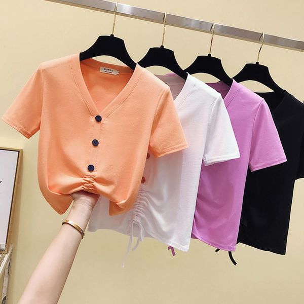 women's t-shirt ljsxls summer cotton short sleeve t shirt women korean fashion v-neck drawstring tee casual button female 2021, White
women's t-shirt ljsxls summer cotton short sleeve t shirt women korean fashion v-neck drawstring tee casual button female 2021, White