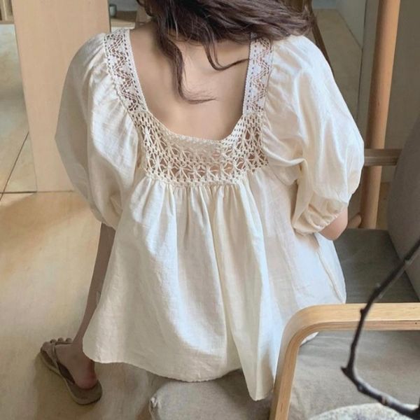 women's blouses & shirts sweet style backless women blouse summer design 2021 lace hollow out puff sleeved loose elegant female pulls, White
women's blouses & shirts sweet style backless women blouse summer design 2021 lace hollow out puff sleeved loose elegant female pulls, White