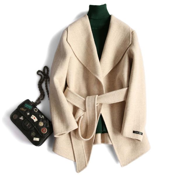 women's wool & blends autumn winter women turn-down collar double sided woolen coat belt jacket, Black
women's wool & blends autumn winter women turn-down collar double sided woolen coat belt jacket, Black