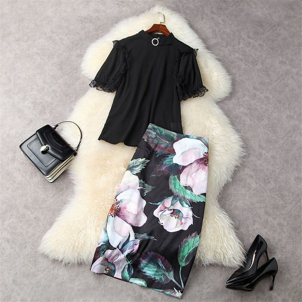 two piece dress fashion summer runway women's suit short sleeve black shirt and floral print pencil skirt two sets o4be, White
two piece dress fashion summer runway women's suit short sleeve black shirt and floral print pencil skirt two sets o4be, White