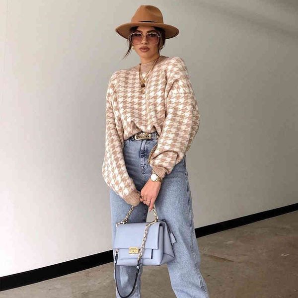 women geometric khaki knitted sweater winter streetwear elegant houndstooth autumn fashion knitted pullovers women sweater 210412, White;black
women geometric khaki knitted sweater winter streetwear elegant houndstooth autumn fashion knitted pullovers women sweater 210412, White;black