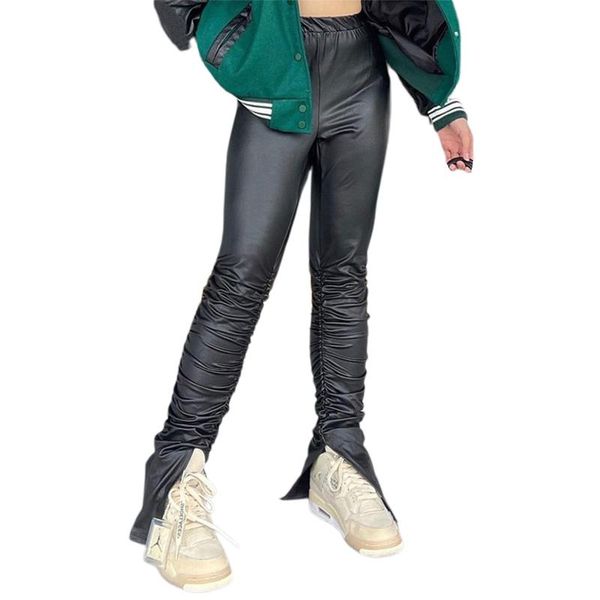 women's leggings women pu pants with split bottom fold decoration high waist solid color trouser spring autumn clothing, Black
women's leggings women pu pants with split bottom fold decoration high waist solid color trouser spring autumn clothing, Black
