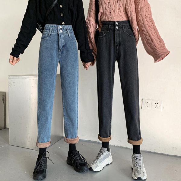 winter women vintage jeans fleece high waist two buttoned blue black straight women's
winter women vintage jeans fleece high waist two buttoned blue black straight women's