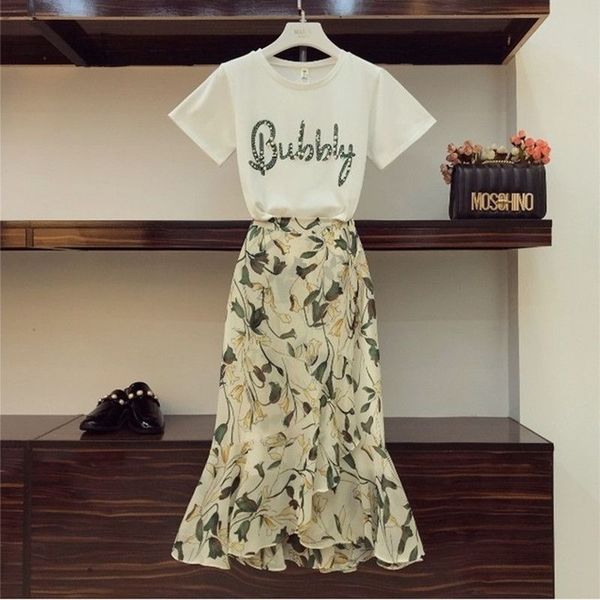 casual floral print mermaid skirt 2 piece set women pearls bead letter cotton t-shirts+ ruffle draped chiffon skirt sets 210525, White
casual floral print mermaid skirt 2 piece set women pearls bead letter cotton t-shirts+ ruffle draped chiffon skirt sets 210525, White