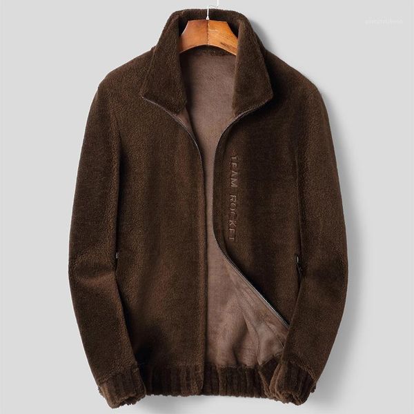 men's leather & faux cashmere fur coat grain in winter, Black