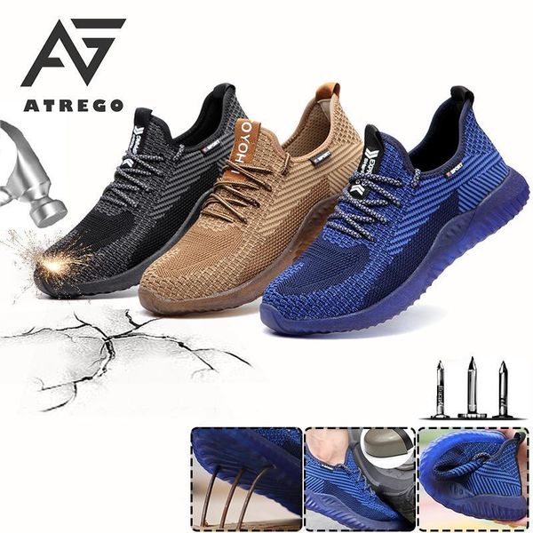 boots atrego men's steel toe work safety shoes mesh casual breathable outdoor sneakers puncture proof comfortable, Black