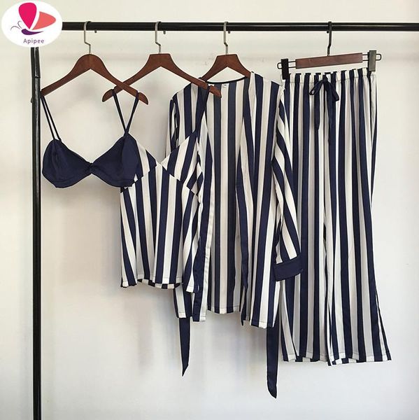 women's sleepwear 4 pcs striped women pajama sets nightdress+bra+robe+pant female pajamas, Black;red
women's sleepwear 4 pcs striped women pajama sets nightdress+bra+robe+pant female pajamas, Black;red
