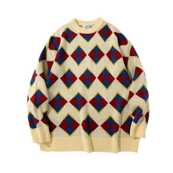 men's sweaters 2021 autumn pullover high street rhombus jacquard sweater teenagers long sleeve loose casual, White;black
men's sweaters 2021 autumn pullover high street rhombus jacquard sweater teenagers long sleeve loose casual, White;black