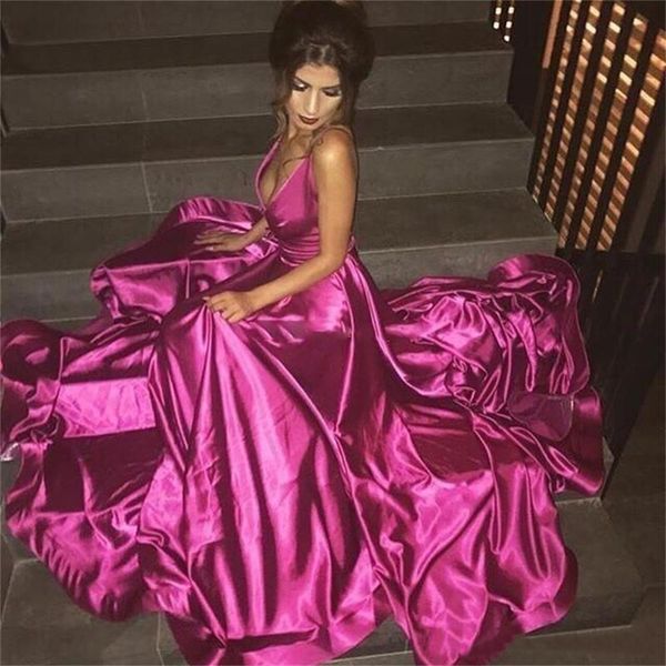 2021 fushia deep v neck prom dresses spaghetti backless evening gowns satin sweep train formal party dress vestidos, Black;red
2021 fushia deep v neck prom dresses spaghetti backless evening gowns satin sweep train formal party dress vestidos, Black;red