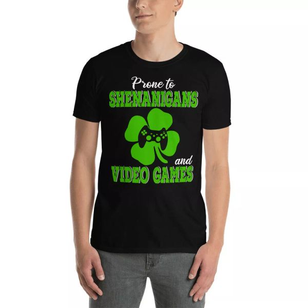 prone to shenanigans and video games st patrick's day shamrock gamer t-shirt, White;black
prone to shenanigans and video games st patrick's day shamrock gamer t-shirt, White;black