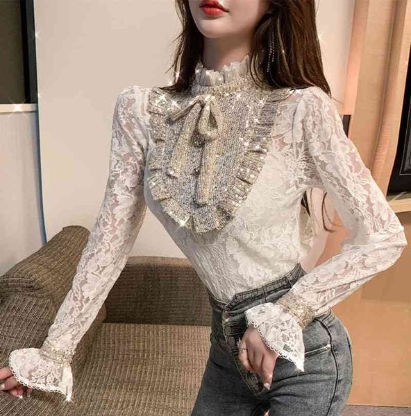 spring fall women's lace shirt chic romantic bow shiny hollow lace flower stitching lantern sleeve stand collar blouse 210514, White
spring fall women's lace shirt chic romantic bow shiny hollow lace flower stitching lantern sleeve stand collar blouse 210514, White