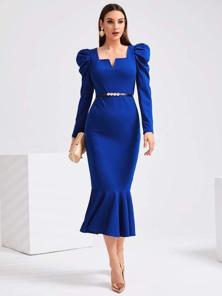 notched neck gigot sleeve mermaid hem dress without belt she, Black;gray
notched neck gigot sleeve mermaid hem dress without belt she, Black;gray