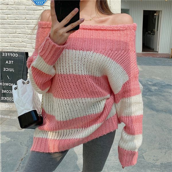women's sweaters slash neck off the striped pink shoulder all-match sweet solid sweater loose oversize lazy casual pullovers style retr, White;black
women's sweaters slash neck off the striped pink shoulder all-match sweet solid sweater loose oversize lazy casual pullovers style retr, White;black