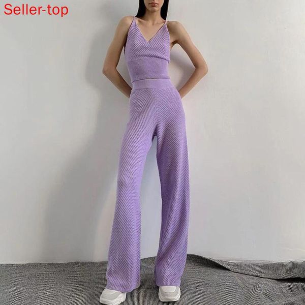 summer women's pants set knitted sling solid color vest + high waist slim wide leg 2 piece women trousers two, White 
summer women's pants set knitted sling solid color vest + high waist slim wide leg 2 piece women trousers two, White