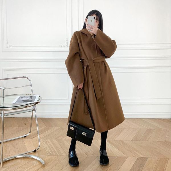 women hooded woolen long coat winter warm lady single-breasted loose mid length jacket female outwear with sashes, Black
women hooded woolen long coat winter warm lady single-breasted loose mid length jacket female outwear with sashes, Black