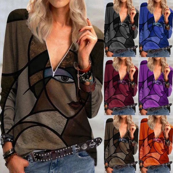 2021 spring and winter printed long sleeve zipper v-neck t-shirt women's wear, White
2021 spring and winter printed long sleeve zipper v-neck t-shirt women's wear, White